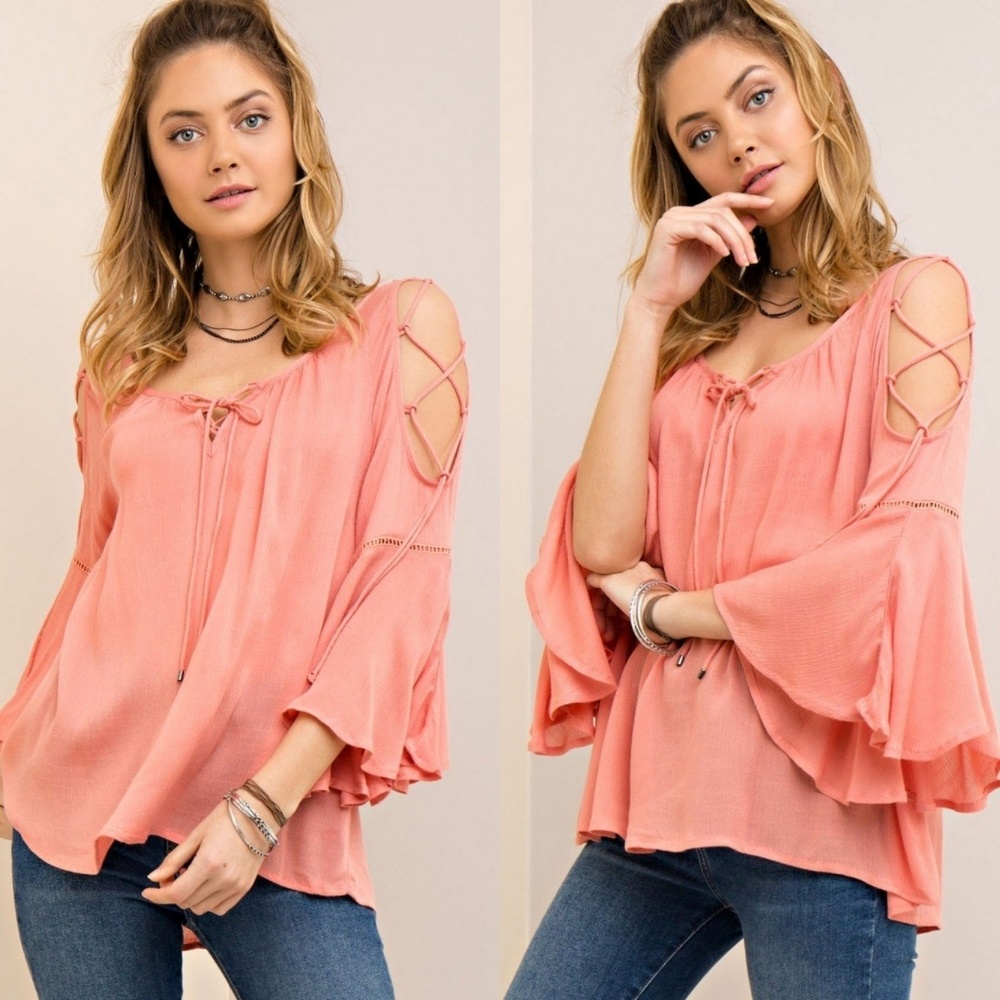 Peach Open Shoulder Bell Sleeve Top